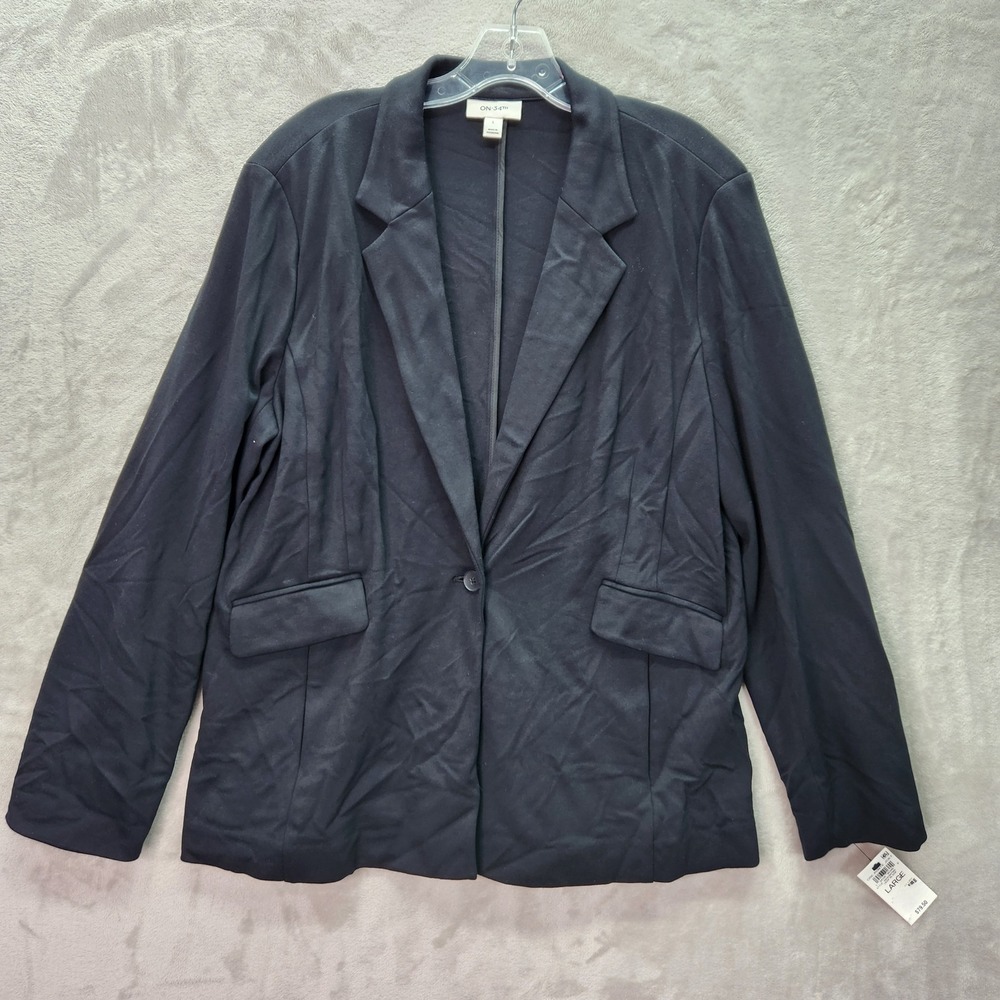 ON 34th Blazer Womens Large Deep Black Ponte Knit Jacket Button Front Career New